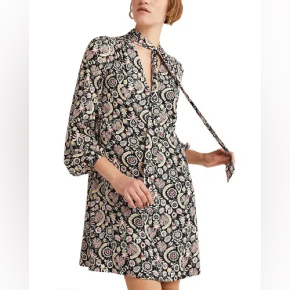 NWT Boden Tie Neck Mini Dress Black Tropic Charm Print Size 4, MSRP $160